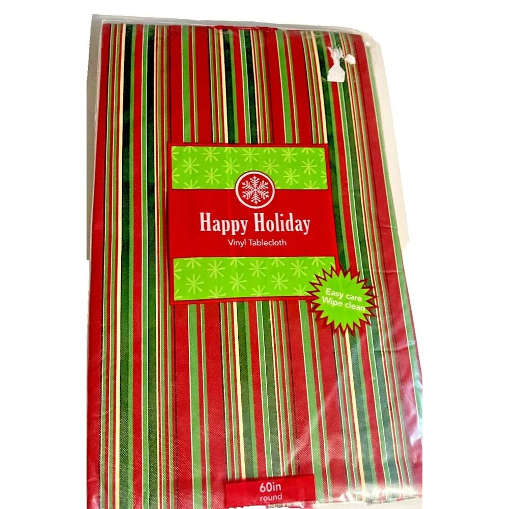 Christmas Holiday Stripe Red Green White Vinyl Tablecloth Flannel Backed 60